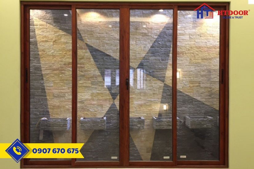 Cửa đi nhôm 4 cánh mở lùa màu vân gỗ
