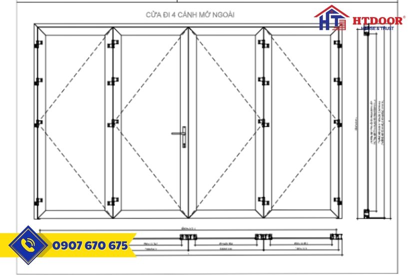 Bản vẽ ký thuật cửa đi nhôm 4 cánh mở ngoài