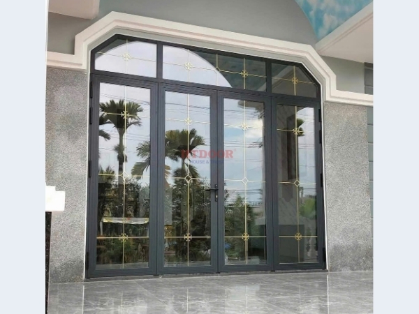 Cửa nhôm Xingfa 4 cánh mở quay kính hộp nan đồng