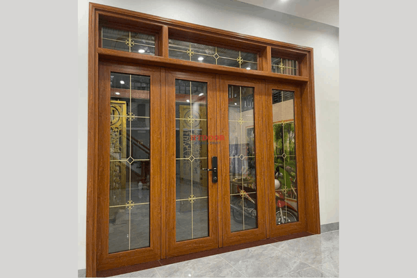 Cửa nhôm màu vân gỗ 4 cánh mở quay kính hộp nan đồng - Cửa nhôm Tiền Giang