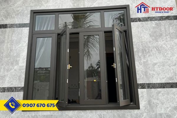 Cửa sổ nhôm Xingfa mở quay 4 cánh màu nâu cà phê